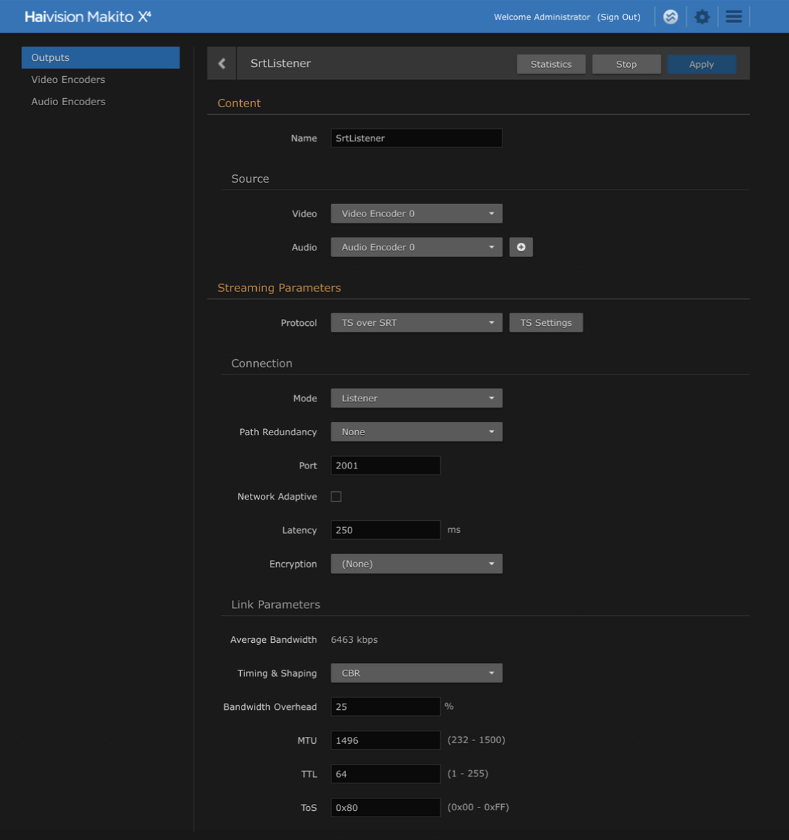 Output streaming settings